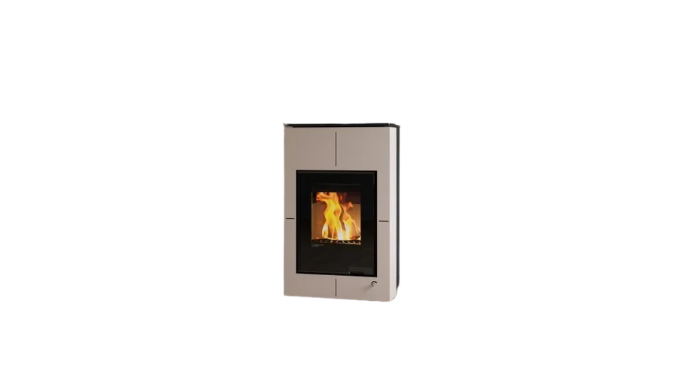 Krbová kamna Aquaflam Vario Saporo v krémovém provedení s prosklenými dvířky.
